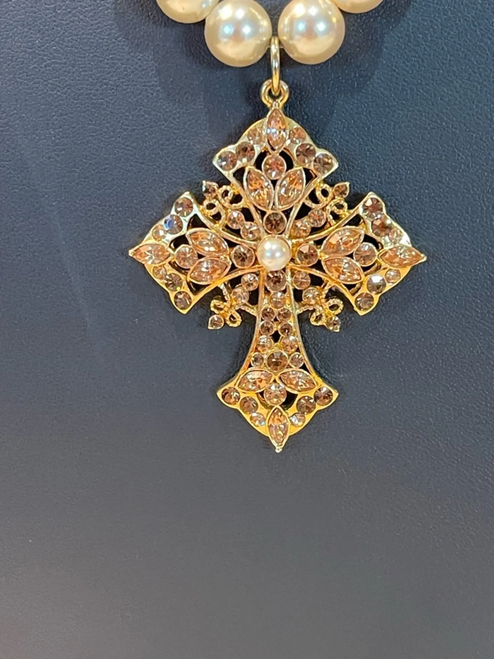 Premier Designs Cream Pearl Necklace with Gold Filigree Cross Pendant